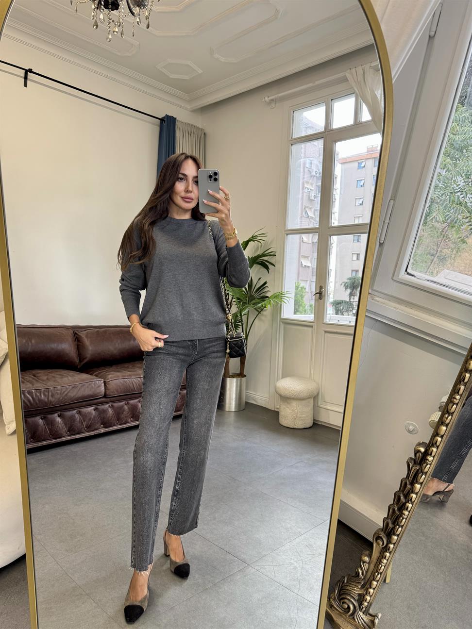 Füme Melanj Bisiklet Yaka Yünlü Basic Triko Kazak