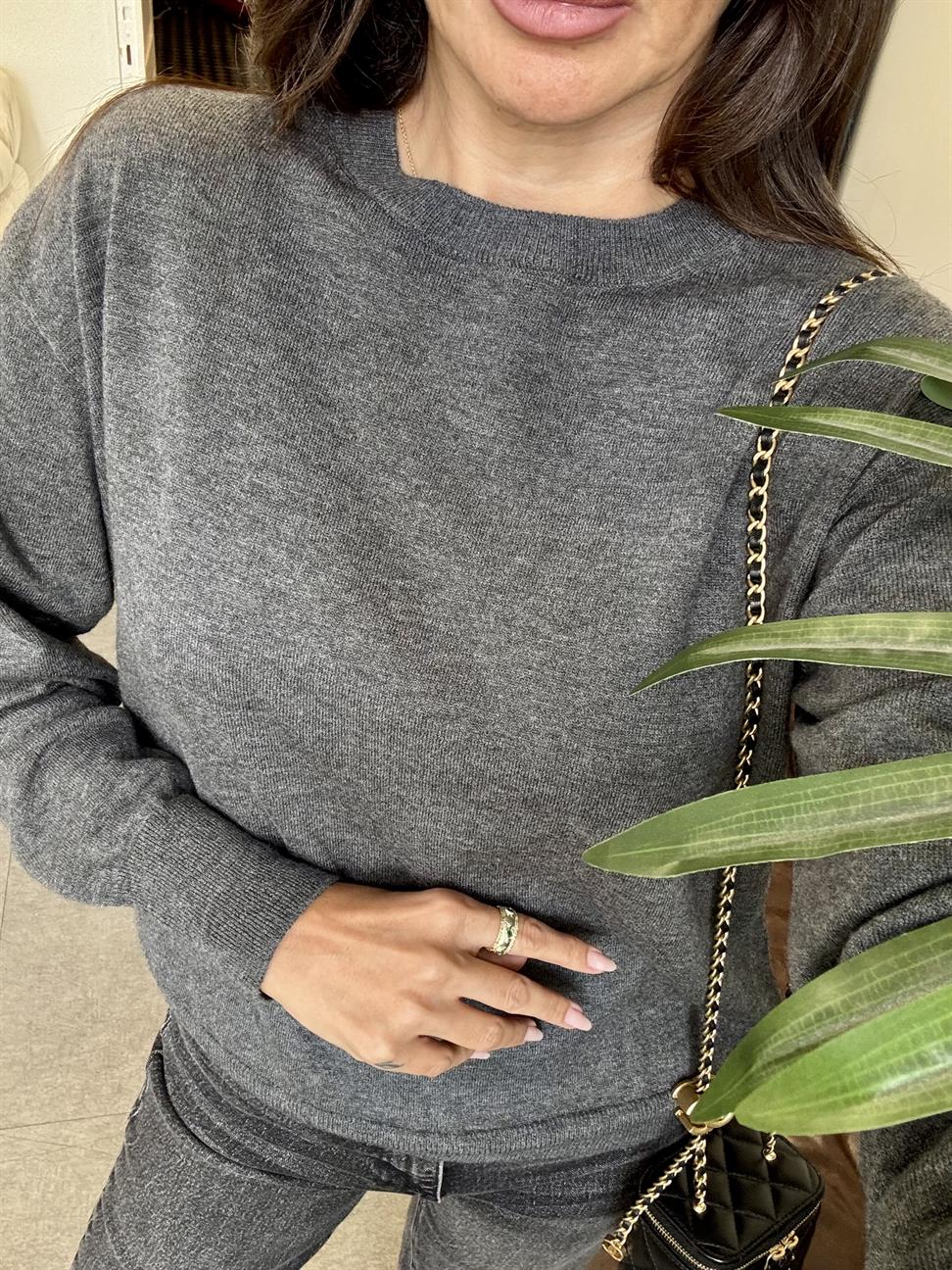 Füme Melanj Bisiklet Yaka Yünlü Basic Triko Kazak