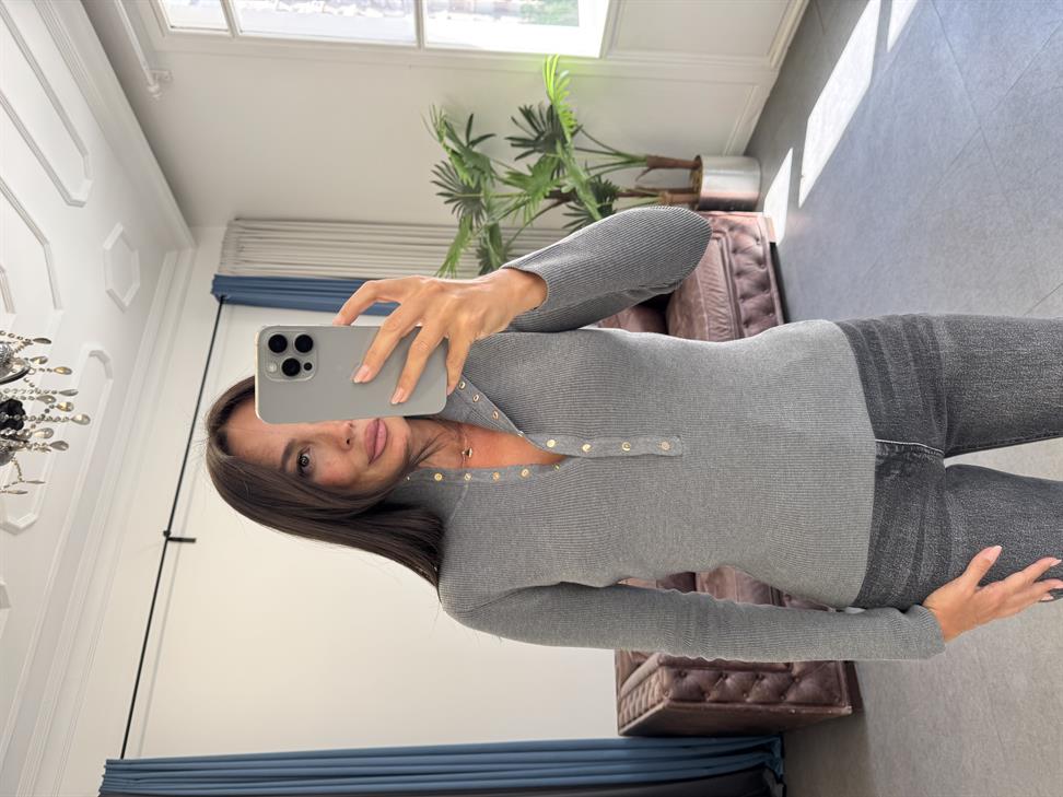 Füme Melanj Dik Yaka Çıtçıtlı Triko Kazak