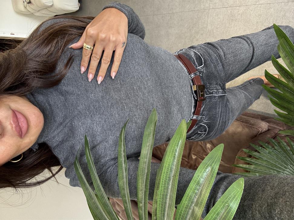 Füme Melanj Dik Yaka Yünlü Yumuşak İnce Dokulu Triko Kazak