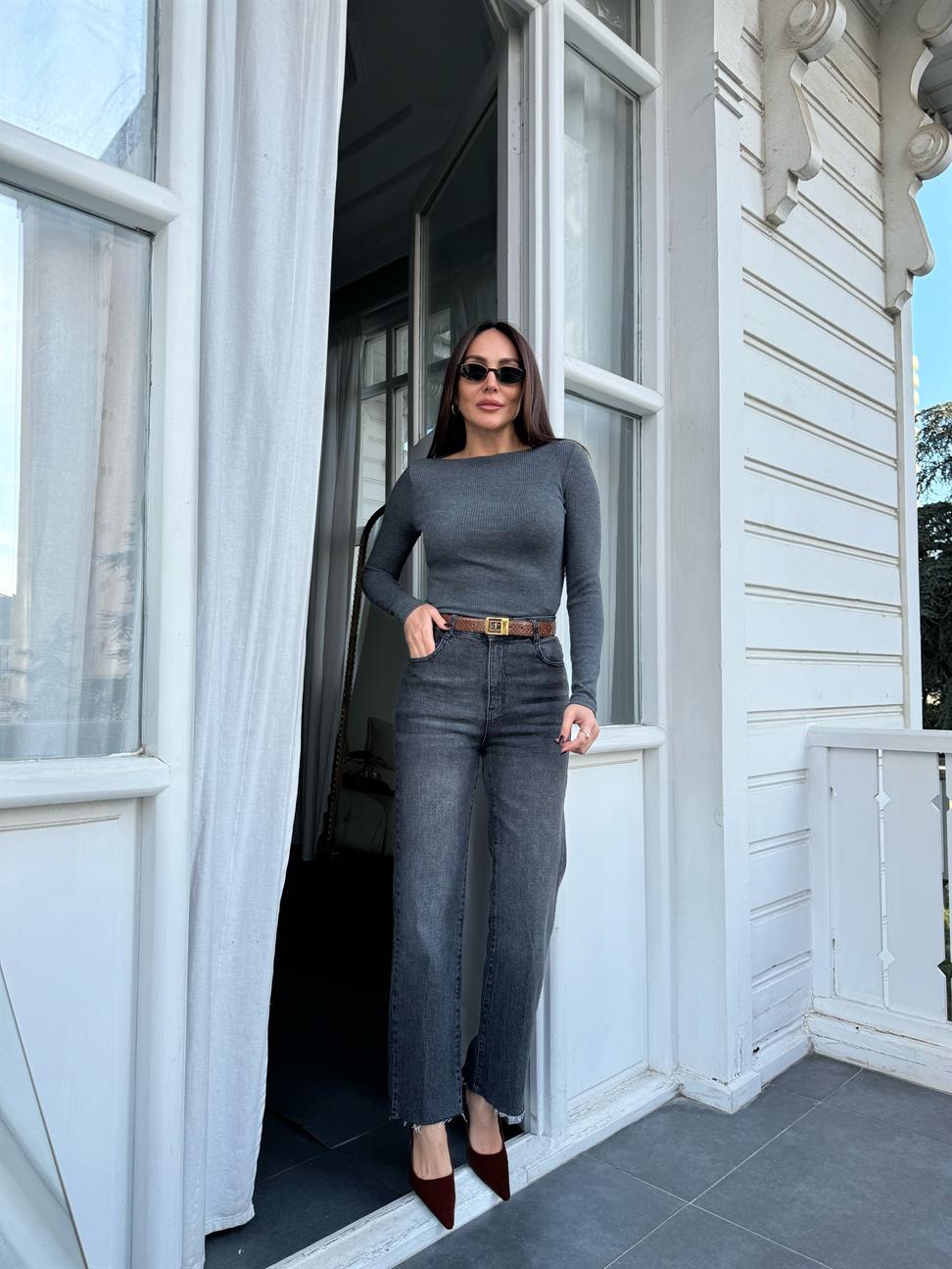 Füme Melanj Kayık Yaka Uzun Kollu Top