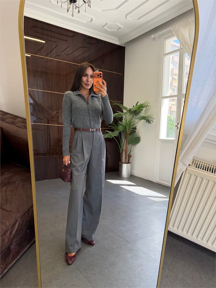 Füme Melanj Polo Yaka Yumuşak Dokulu Caz Hırka