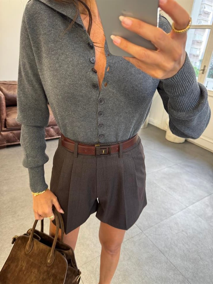 Füme Melanj Polo Yaka Yünlü Düğmeli Triko Kazak