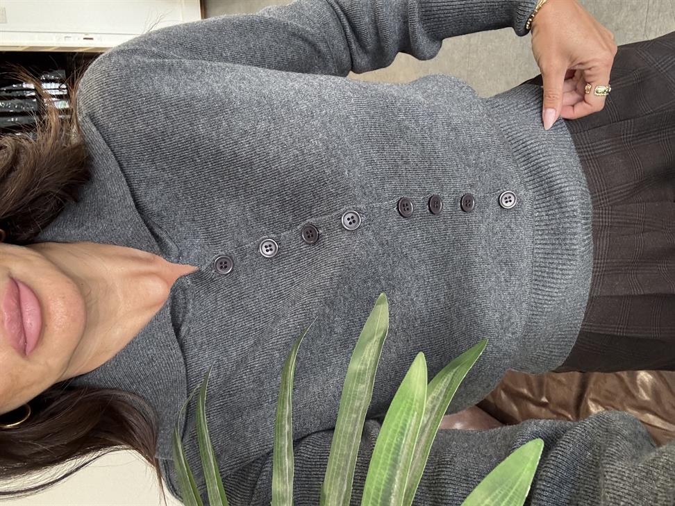 Füme Melanj Polo Yaka Yünlü Düğmeli Triko Kazak