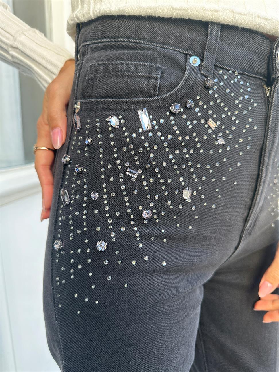 Füme Parlak Taşlı Kesik Paça Jean Pantolon