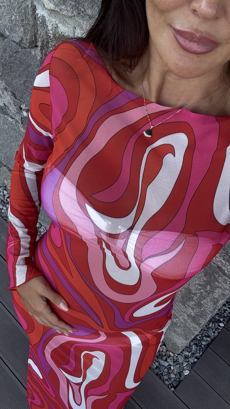 Fuşya İbiza Desenli Tül Plaj Elbisesi