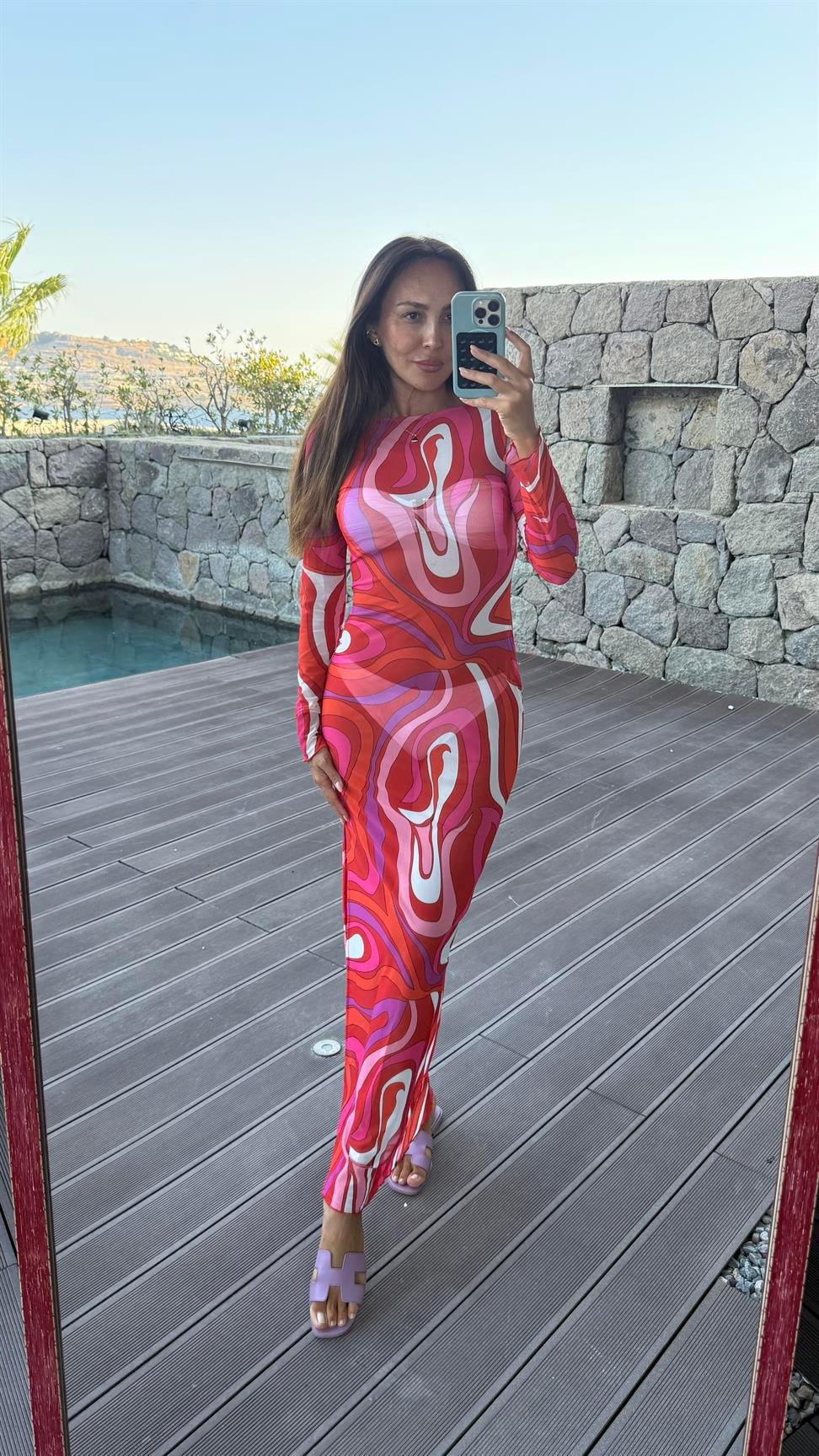 Fuşya İbiza Desenli Tül Plaj Elbisesi