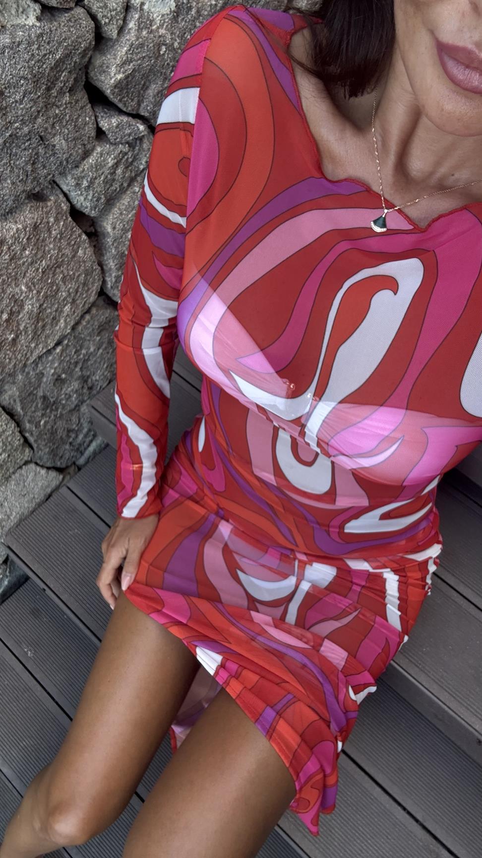 Fuşya İbiza Desenli Tül Plaj Elbisesi