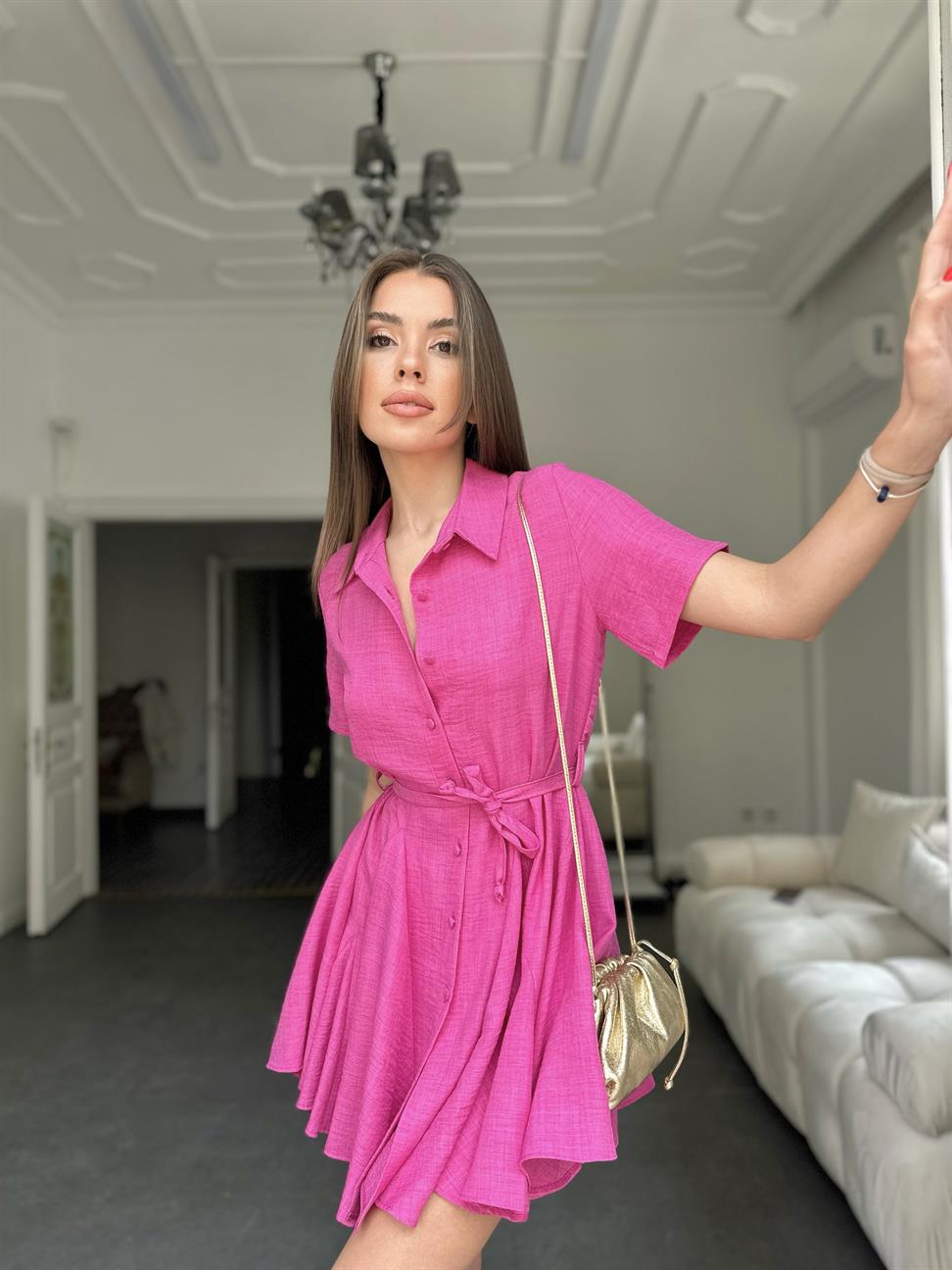 Fuşya Kısa Kollu Kuşak Bağlamalı Kısa Elbise