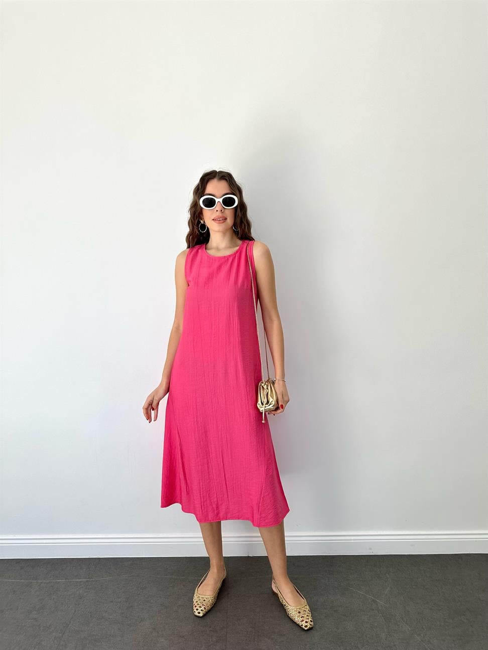 Fuşya Kolsuz Uzun Elbise