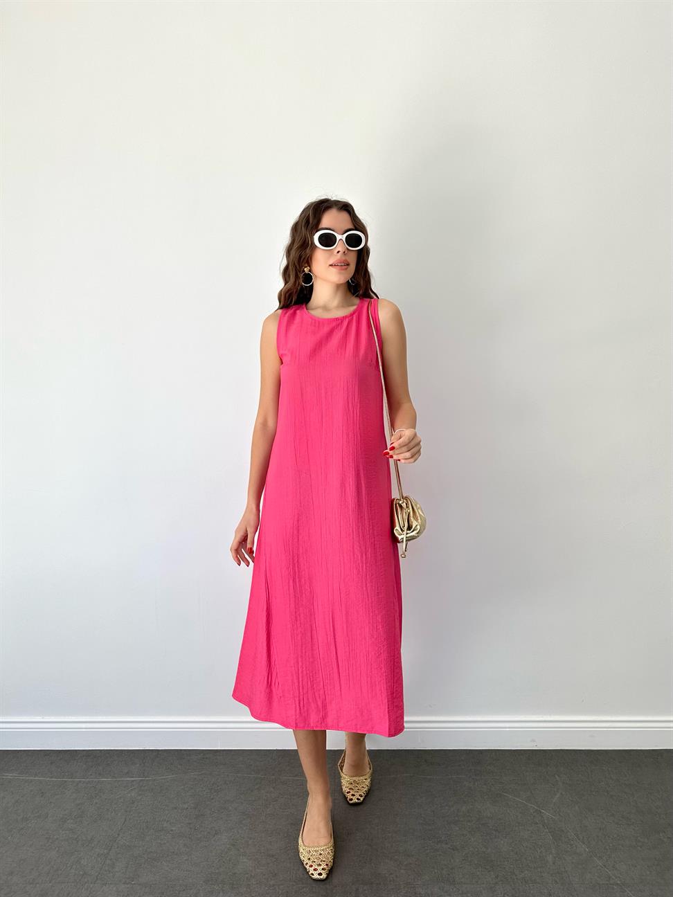 Fuşya Kolsuz Uzun Elbise