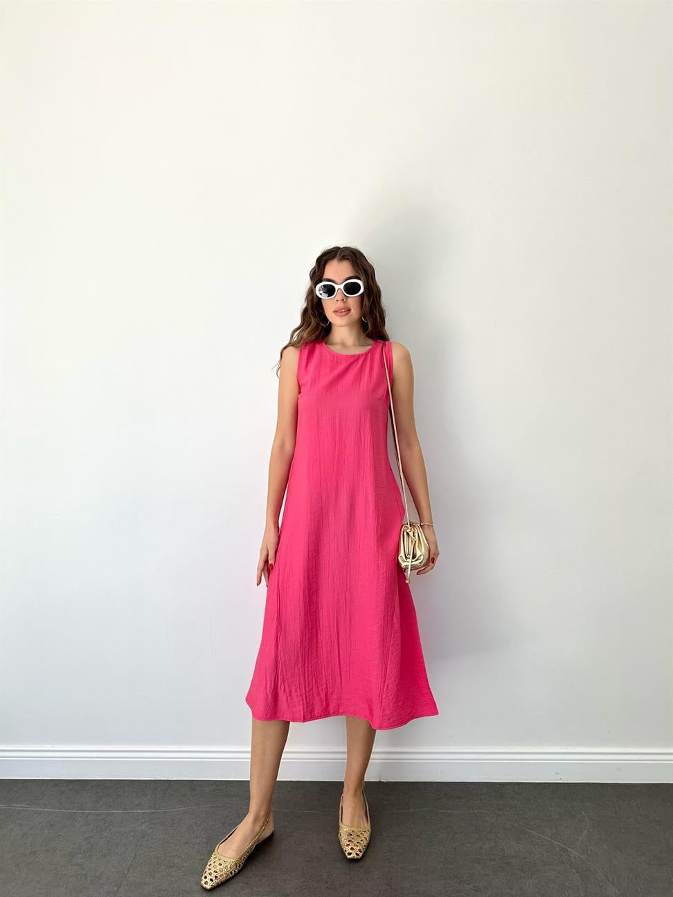 Fuşya Kolsuz Uzun Elbise