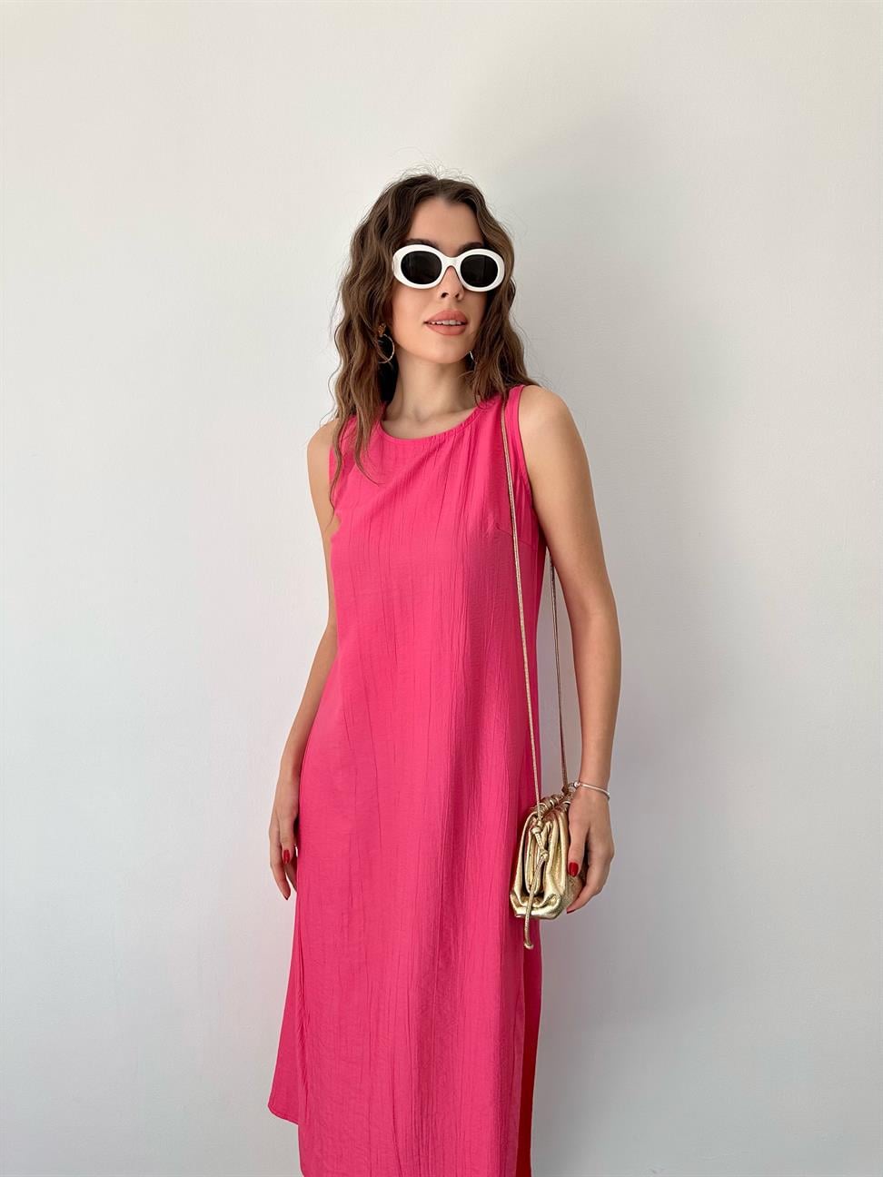 Fuşya Kolsuz Uzun Elbise