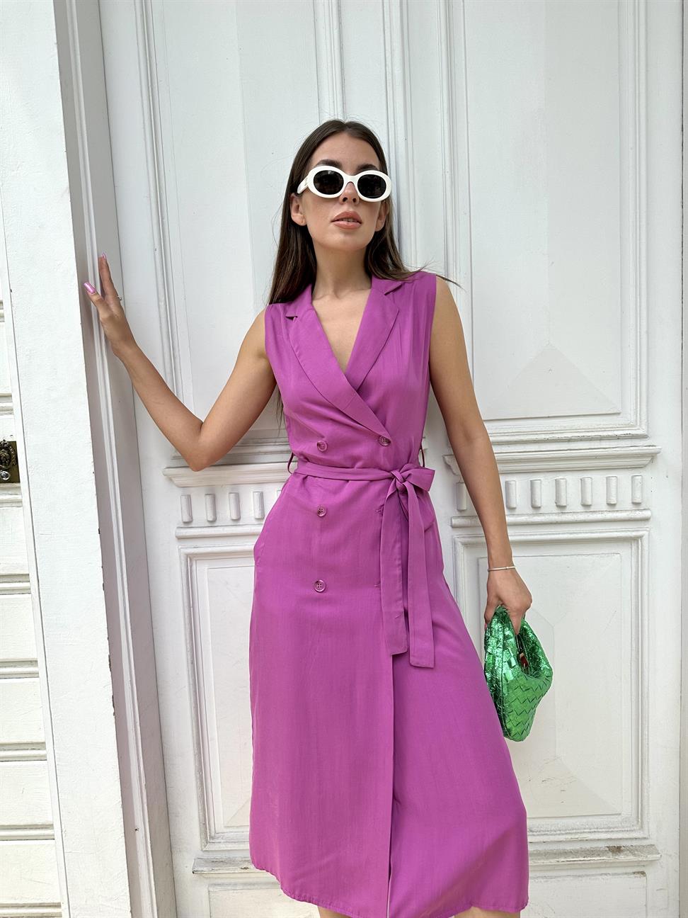 Fuşya Kruvaze Kolsuz Elbise