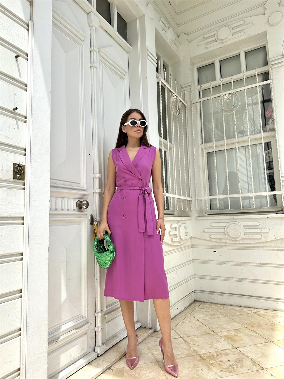 Fuşya Kruvaze Kolsuz Elbise