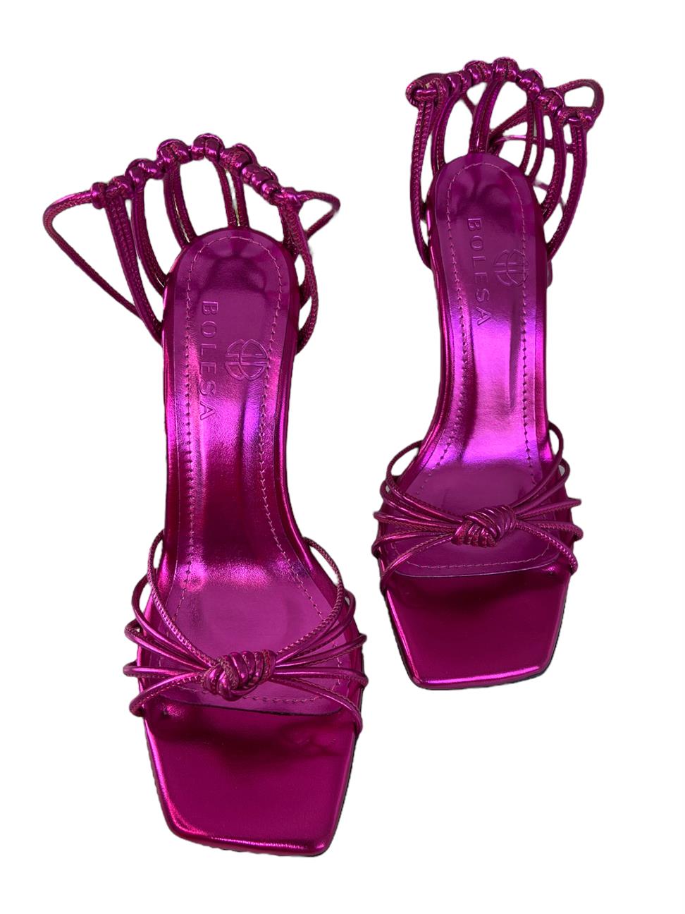 Fuşya Suni Deri Önden Düğümlü Bilekten Bağlamalı Ince Topuklu Ayakkabı