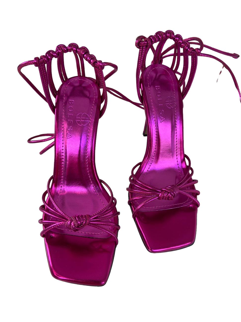 Fuşya Suni Deri Önden Düğümlü Bilekten Bağlamalı Ince Topuklu Ayakkabı