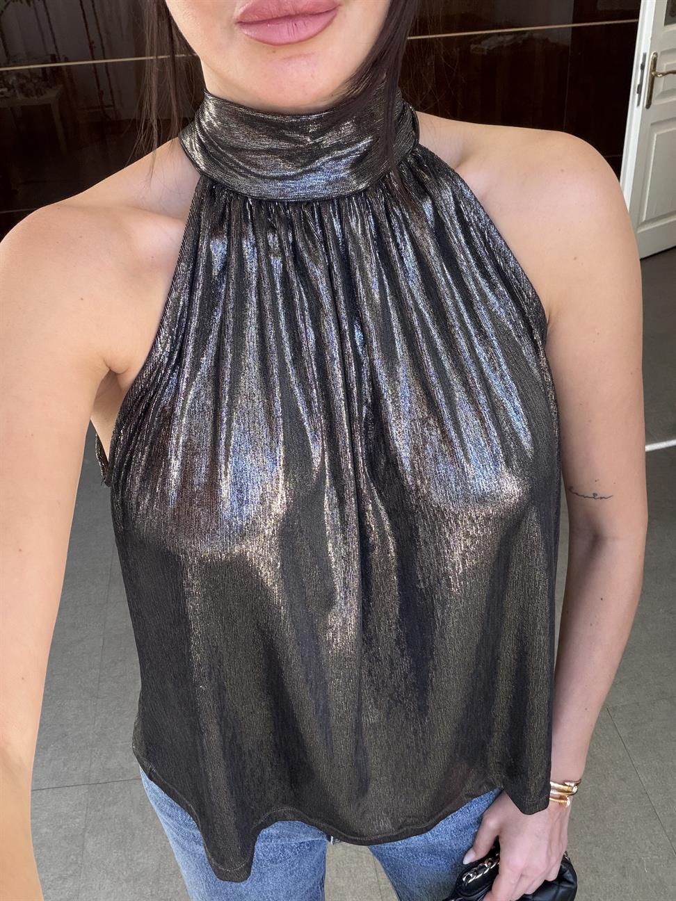 Gold Bağlama Detaylı Parlak Bluz