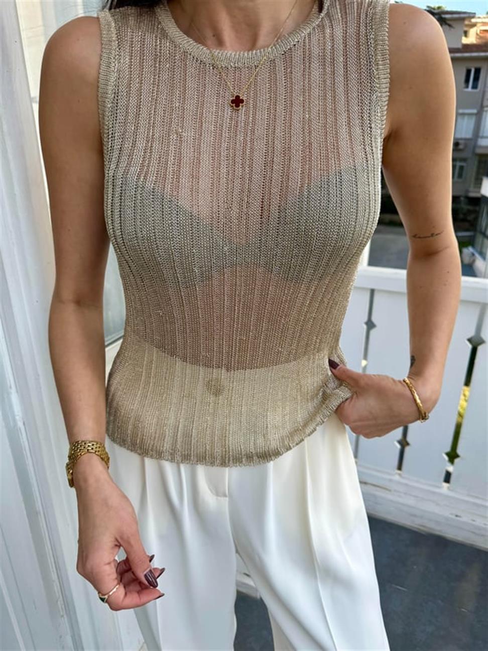 Gold Bisiklet Yaka Transparan Triko Bluz