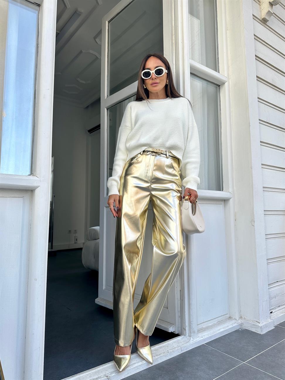 Gold Metalik Wide-Leg Pantolon