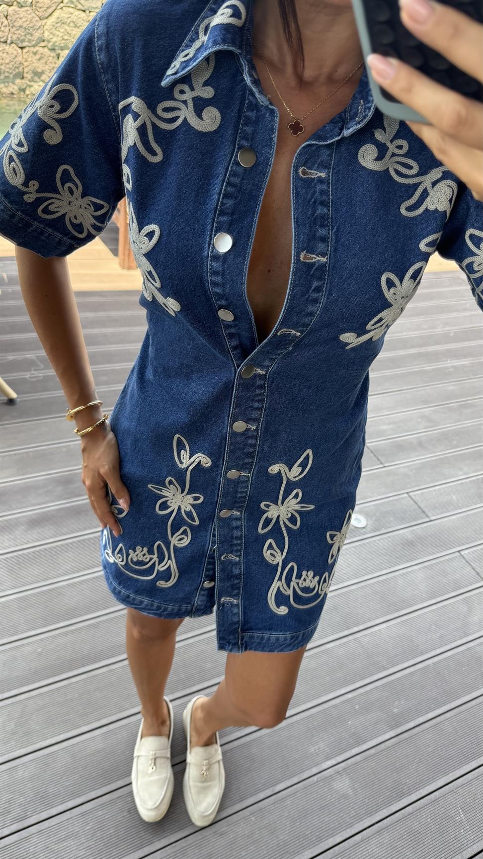 Gold Nakışlı Denim Elbise