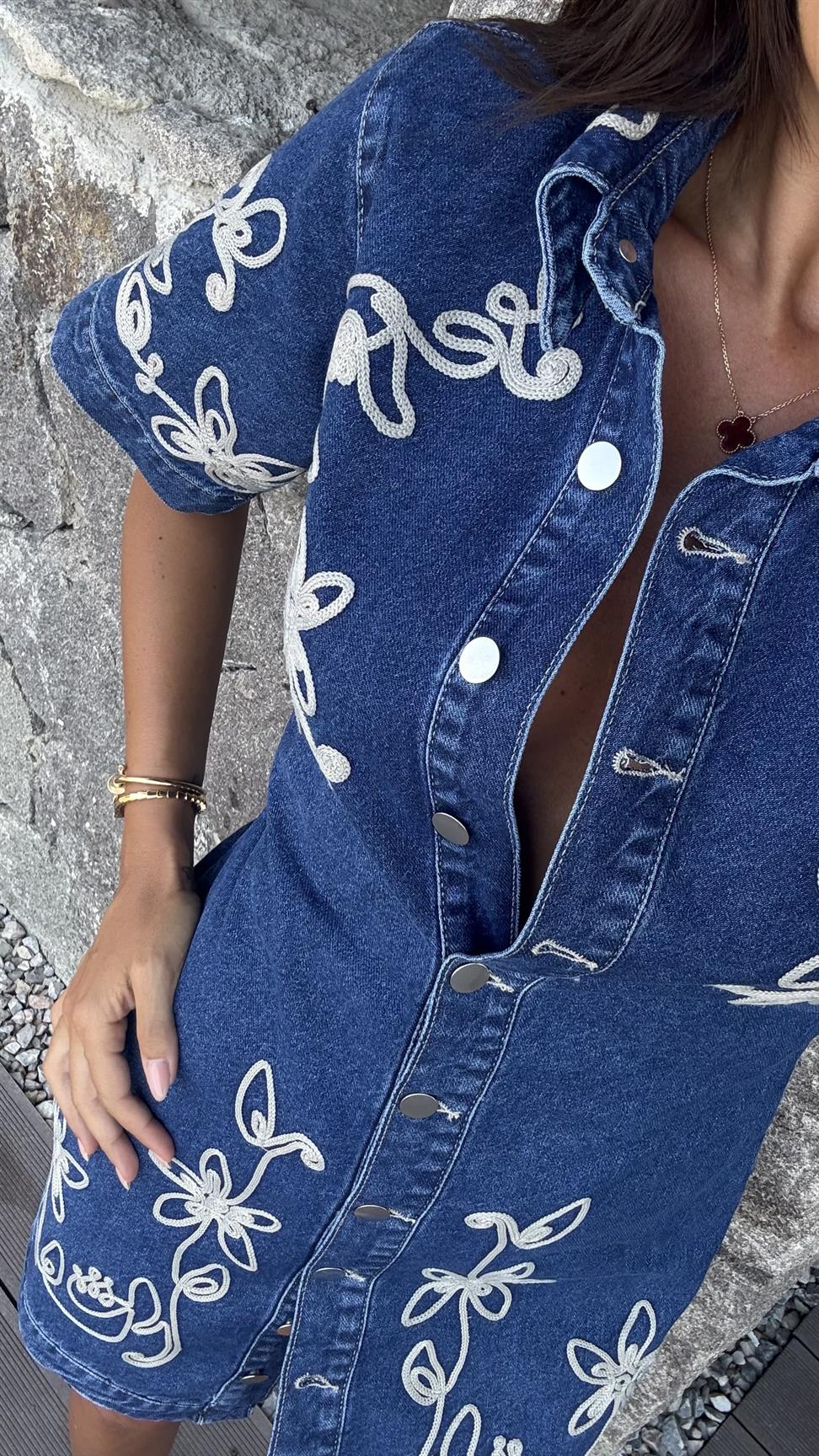 Gold Nakışlı Denim Elbise