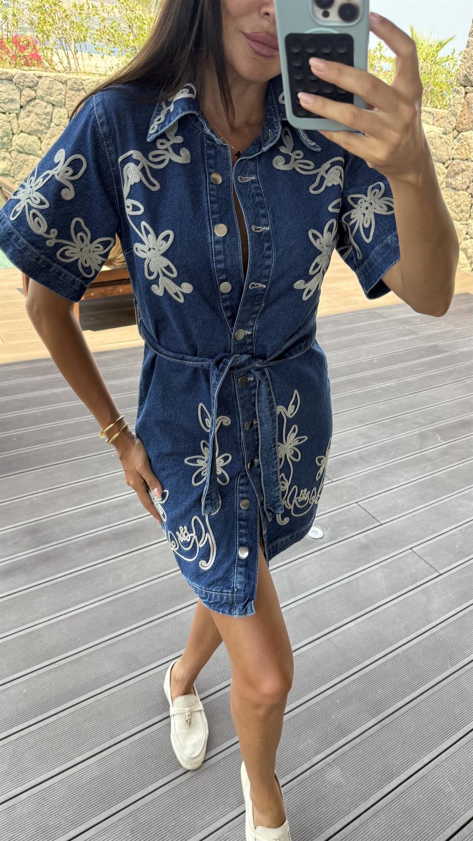 Gold Nakışlı Denim Elbise