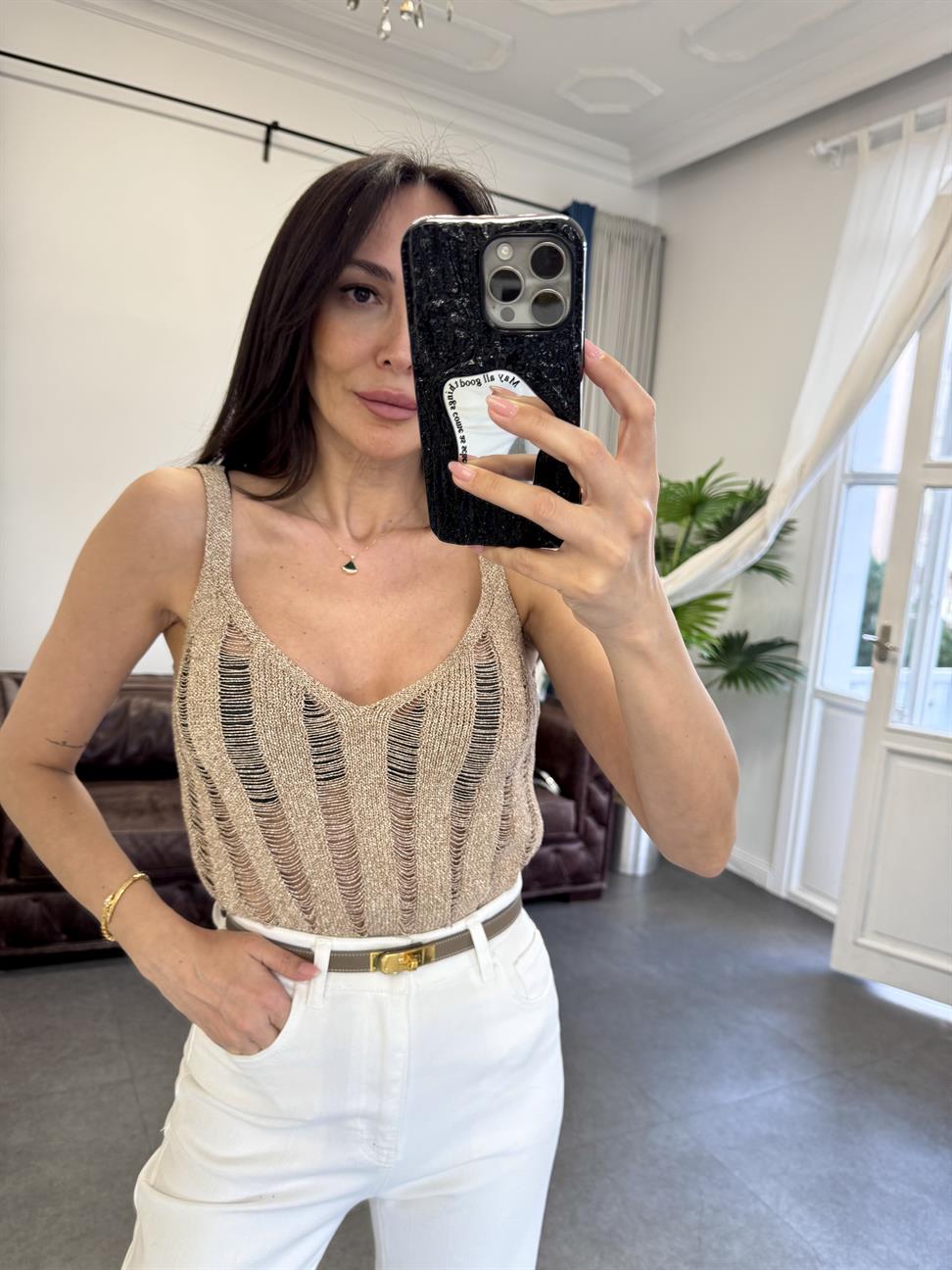 Gold Simli Askılı Bluz