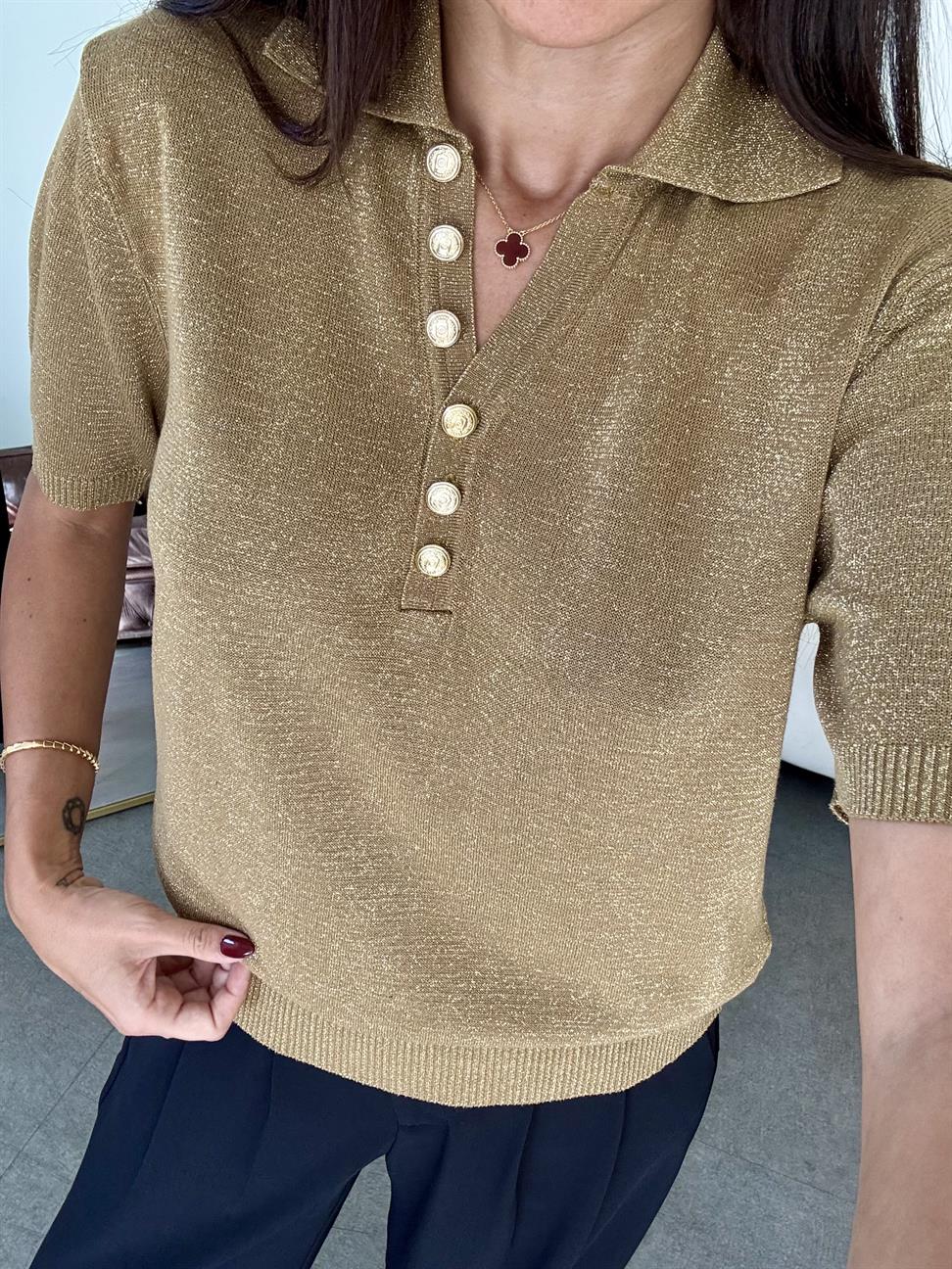 Gold Simli Kısa Kol Triko Kazak