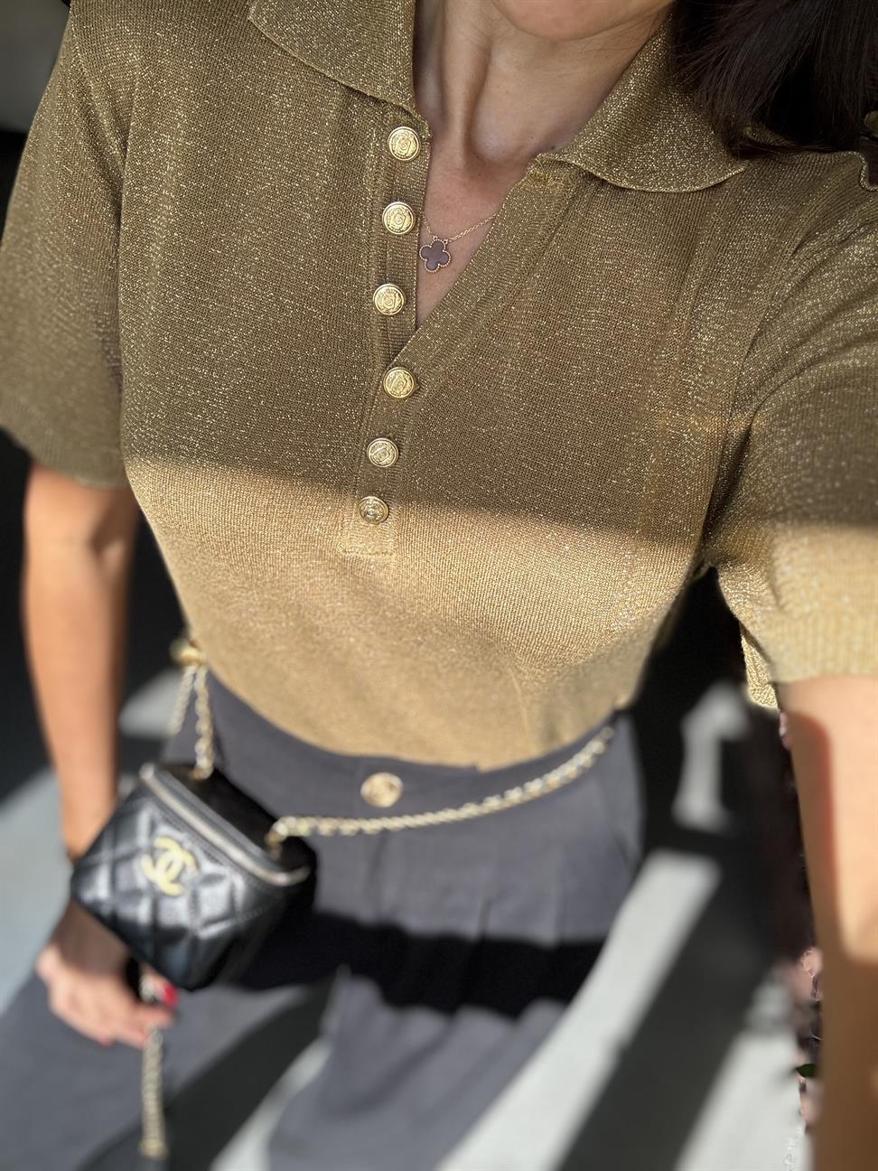 Gold Simli Kısa Kol Triko Kazak