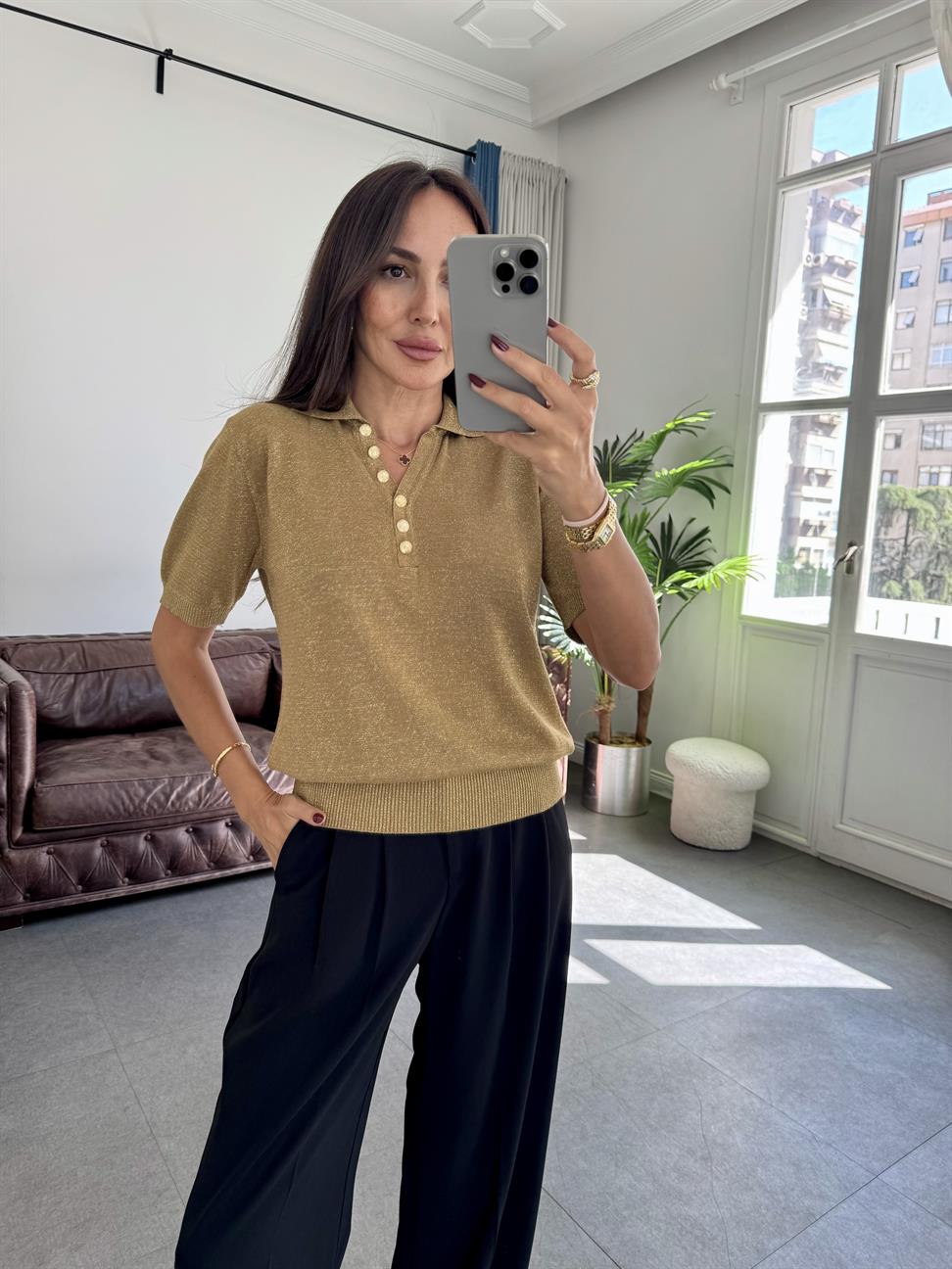 Gold Simli Kısa Kol Triko Kazak