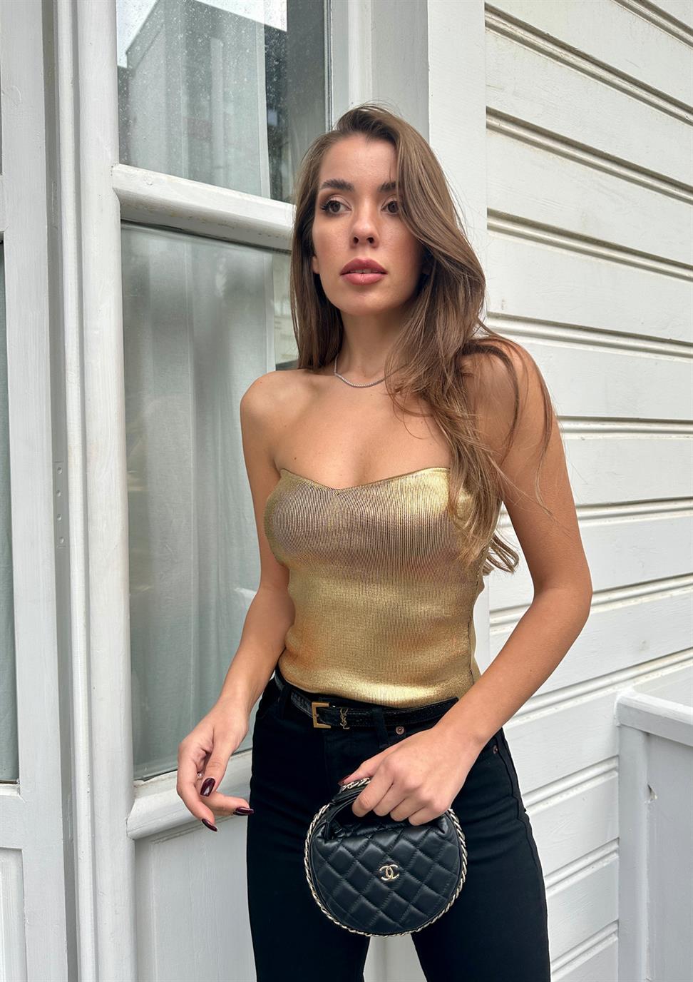 Gold Straplez Varak Baskılı Bluz