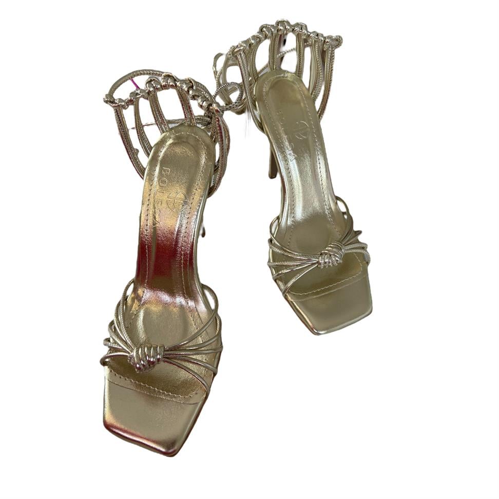 Gold Suni Deri Önden Düğümlü Bilekten Bağlamalı Ince Topuklu Ayakkabı