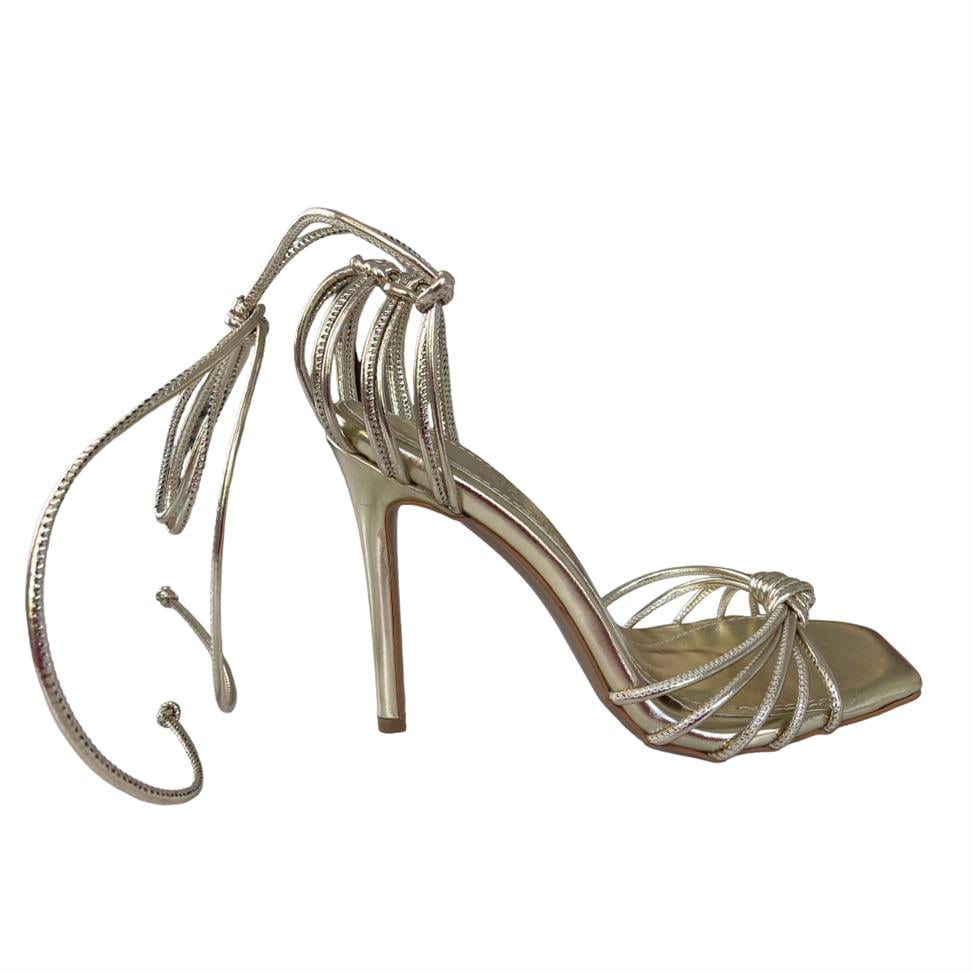 Gold Suni Deri Önden Düğümlü Bilekten Bağlamalı Ince Topuklu Ayakkabı