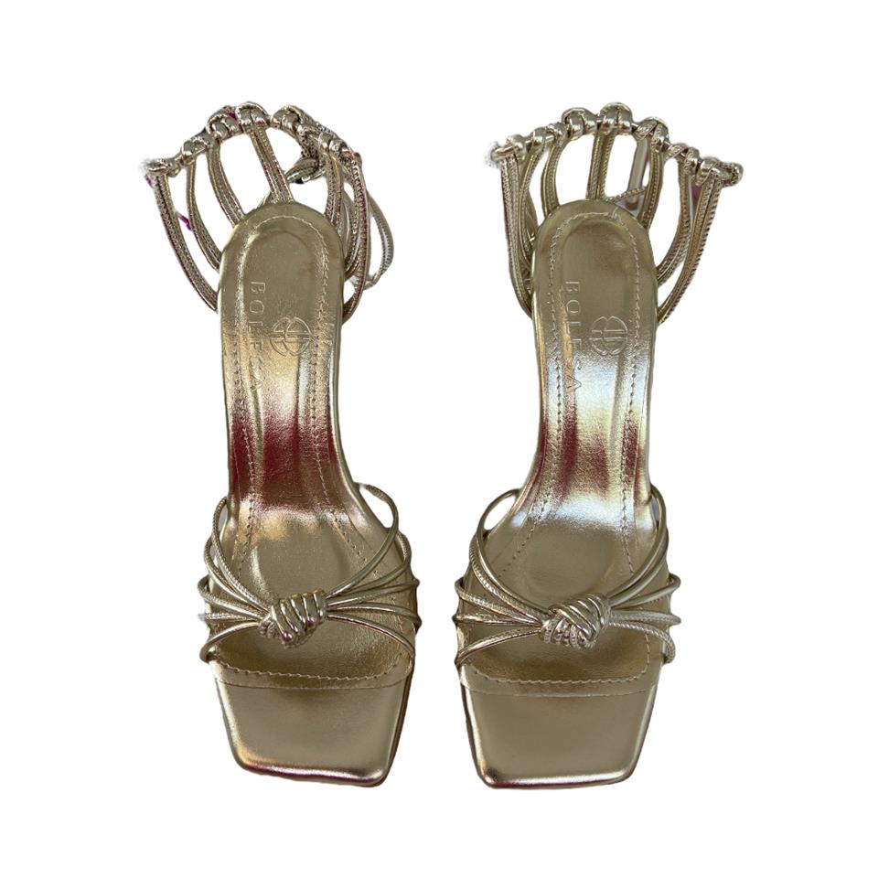 Gold Suni Deri Önden Düğümlü Bilekten Bağlamalı Ince Topuklu Ayakkabı