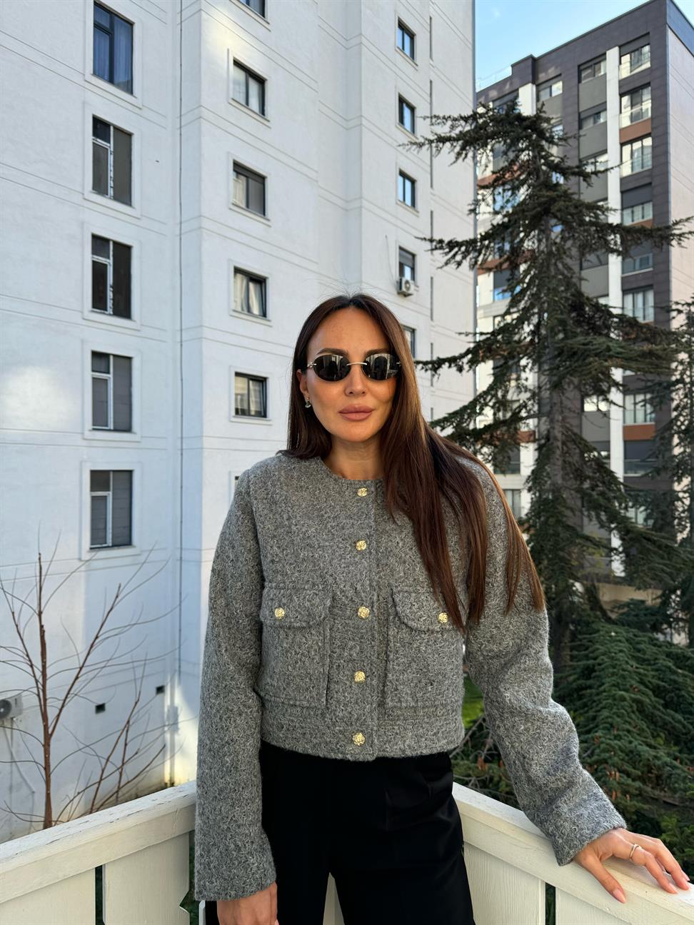 Gri 2 Cepli Gold Düğmeli Ceket