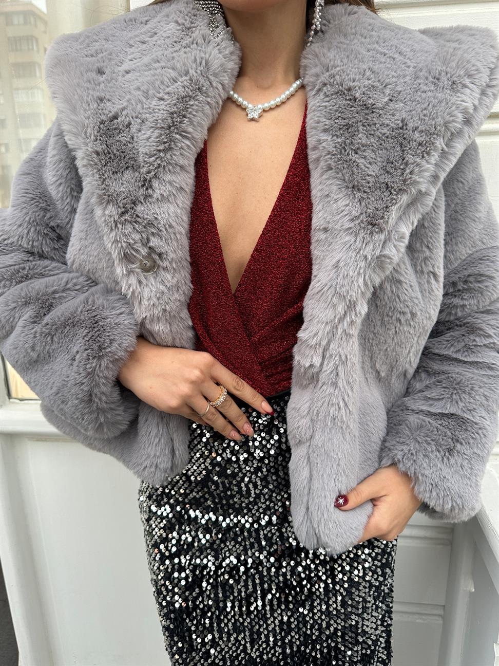 Gri Astarlı Peluş Kürk Ceket