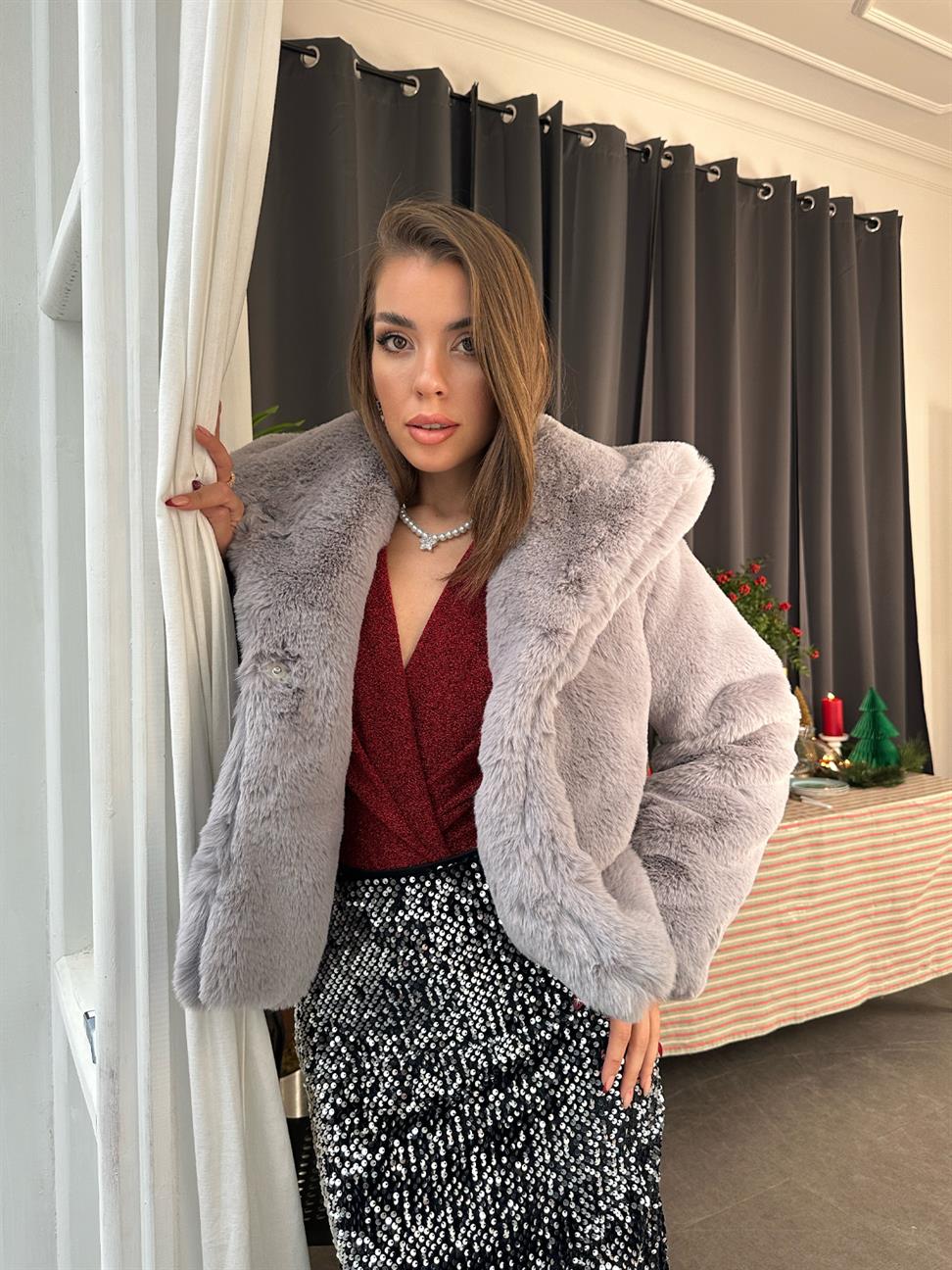 Gri Astarlı Peluş Kürk Ceket