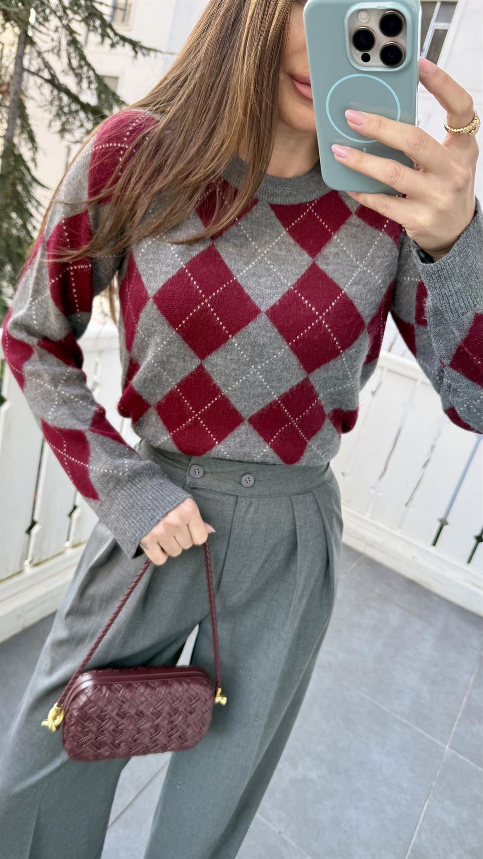 Gri Baklava Desen Kazak