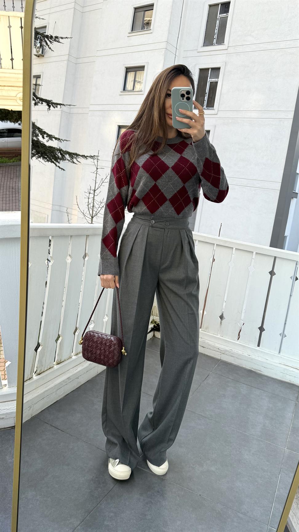 Gri Baklava Desen Kazak