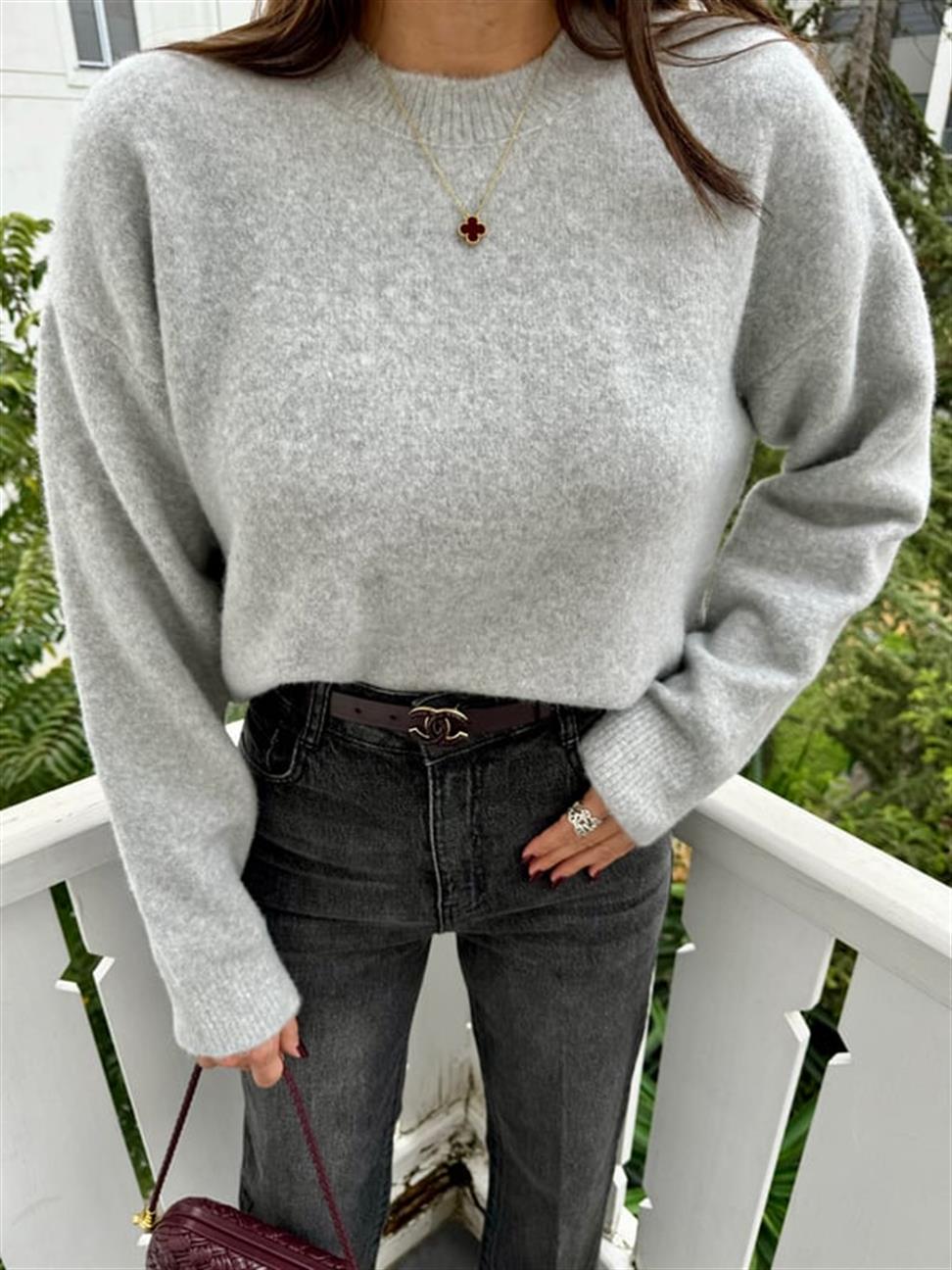 Gri Bisiklet Yaka Yumuşak Dokulu Triko Kazak