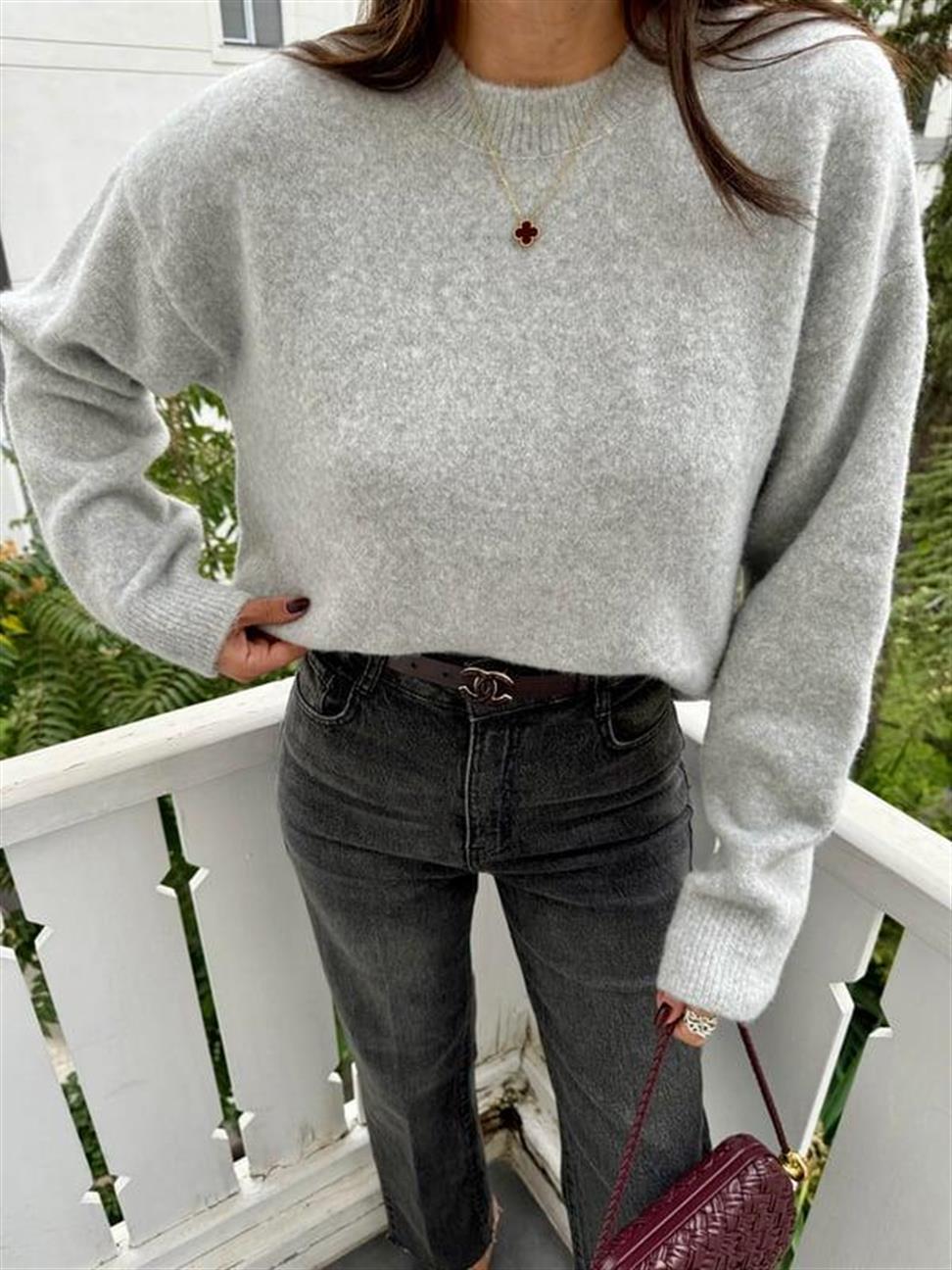 Gri Bisiklet Yaka Yumuşak Dokulu Triko Kazak