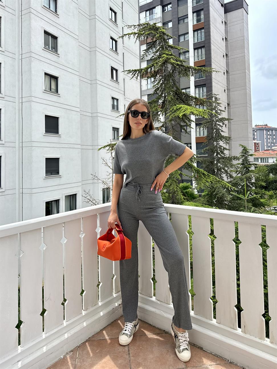 Gri Fitilli Pamuklu Kadın Takım