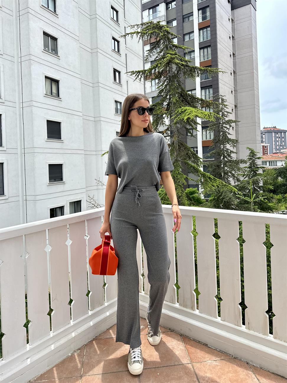 Gri Fitilli Pamuklu Kadın Takım