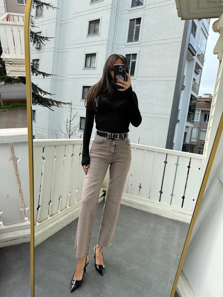 Gri-Kahve Yıkamalı Düz Kesim Jean Pantolon