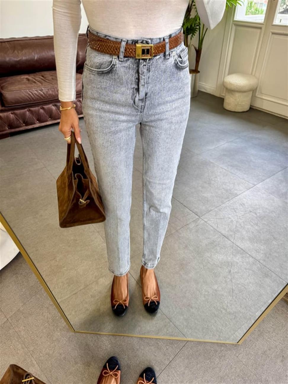 Gri Kar Yıkama Mom Pantolon