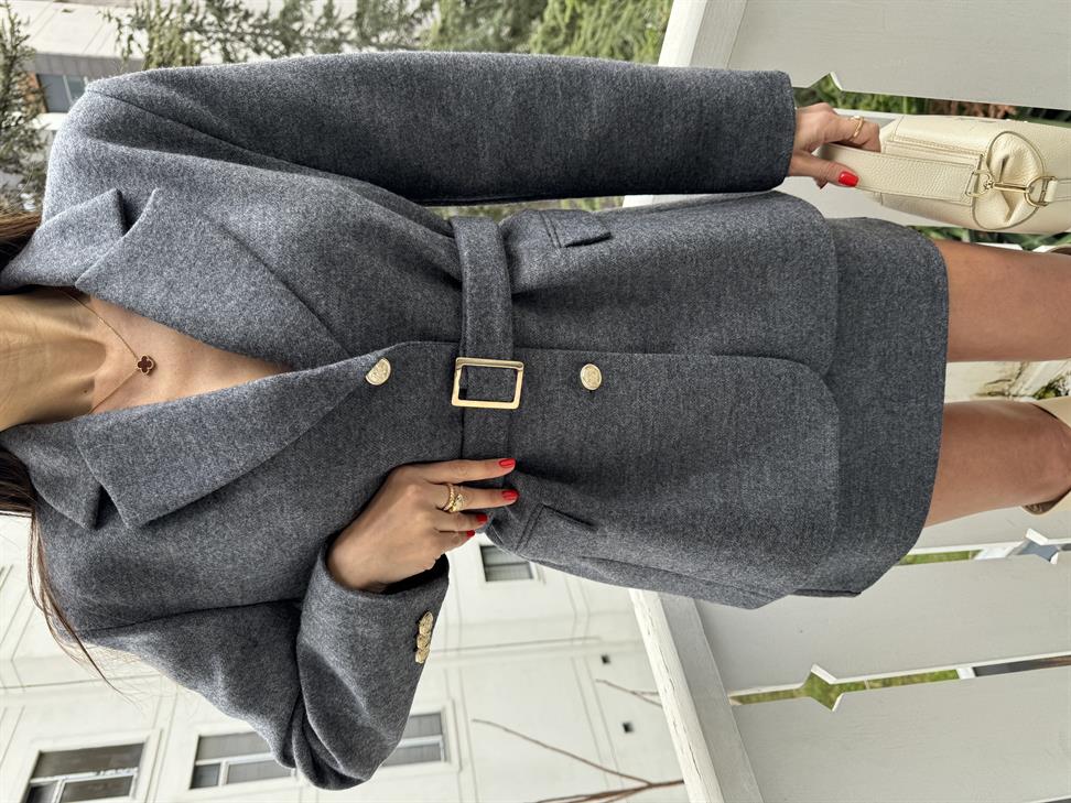 Gri Kemerli Ceket Etek Takım