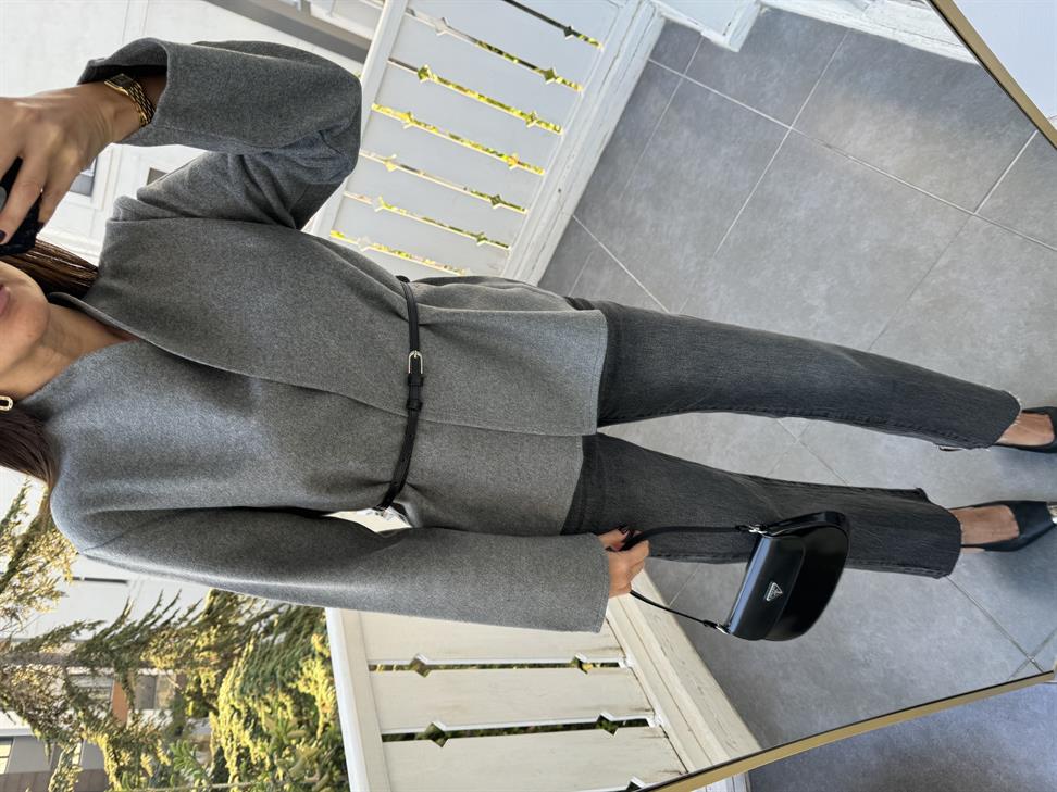 Gri Kruvaze Kemerli İnce Ceket