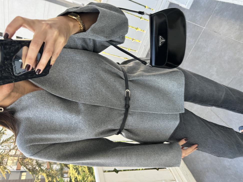 Gri Kruvaze Kemerli İnce Ceket