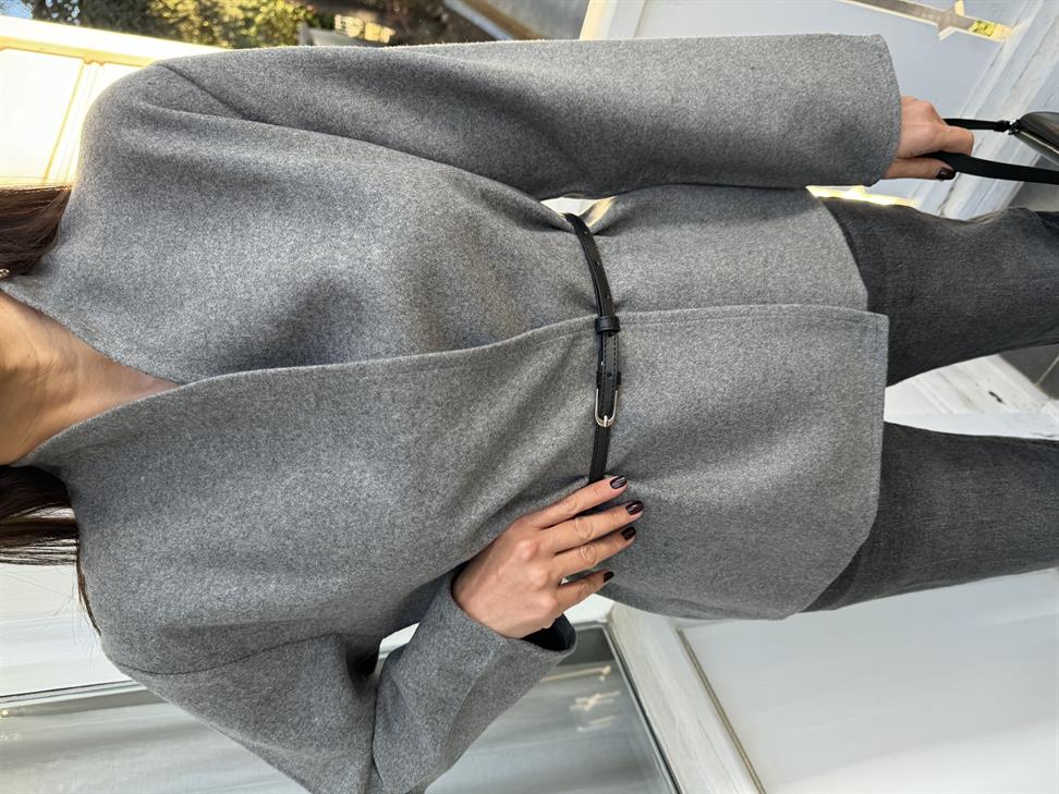 Gri Kruvaze Kemerli İnce Ceket